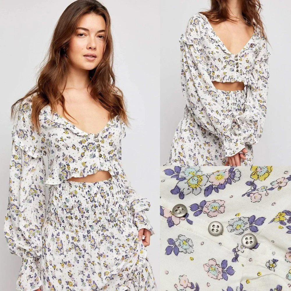 NEW Free People Secret Garden Floral Ruffle Button Front VNeck Crop Blouse Top L - Picture 11 of 12